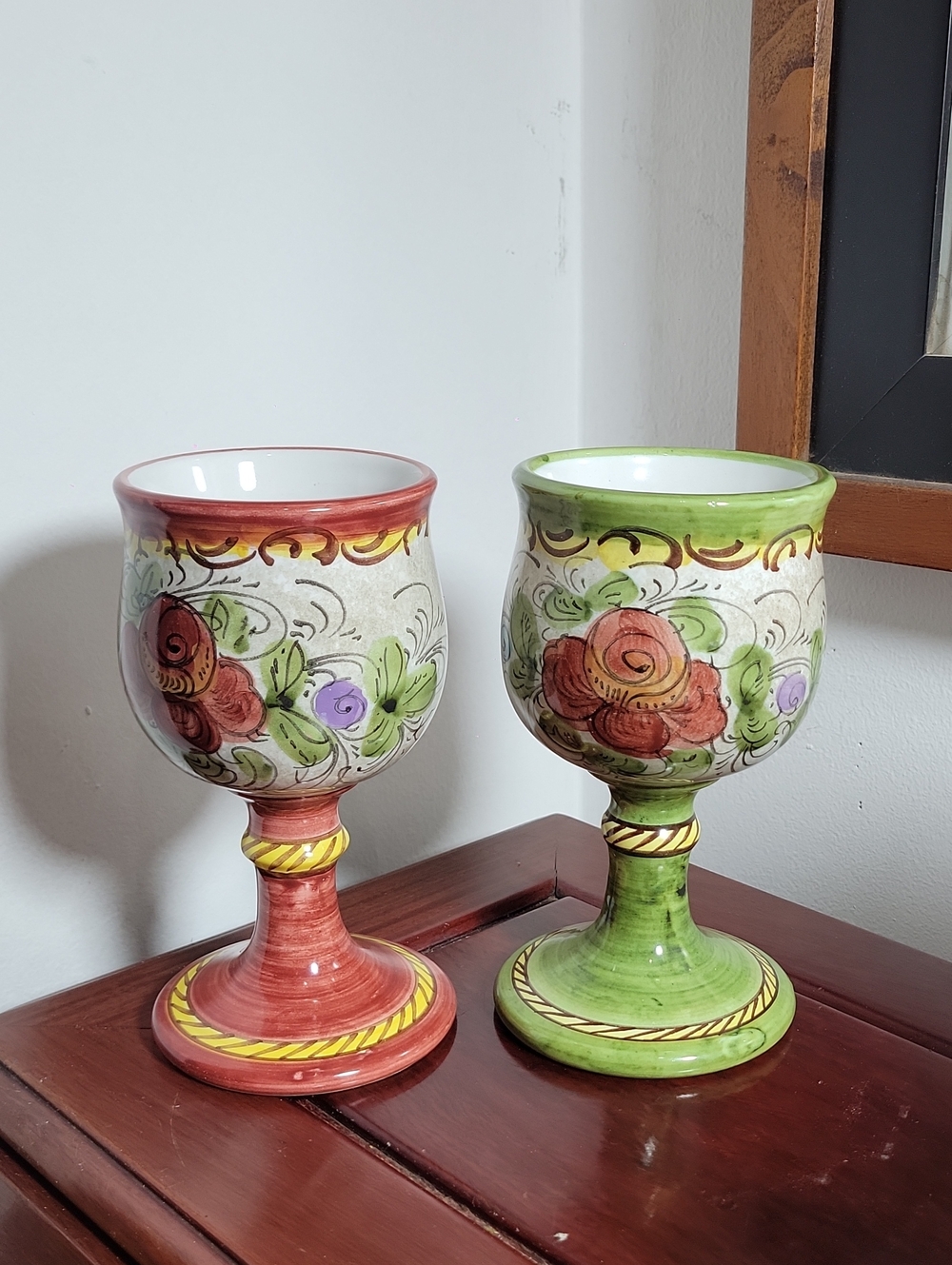 Hand-Painted Italian Ceramic Goblet Set in Red and Green